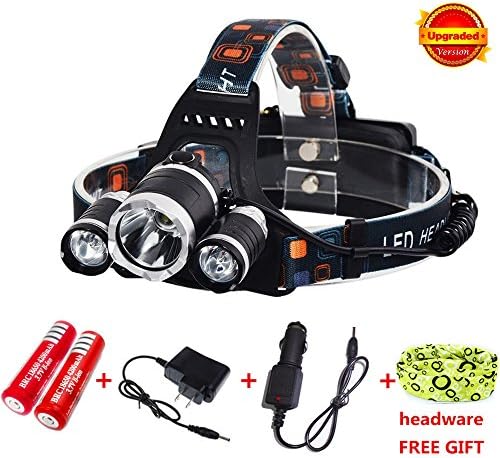 5000 Lumen Led Headlamp Flashlight High Power Headlight Cree XM L2 T6 Brightest Waterproof Head torch for Running Hiking Camping Hunting with Rechargeable Battery+Car&amp;Wall Chargers+Headwear