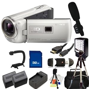 Sony HDR- PJ380 Full HD 16GB Camcorder (White) with 32GB SD, Reader, 2 Extended Life Replacement Batteries, Charger, HDMI, LED Video light, Microphone, Stabilizer, Case, Tripod - SSE Accessory Kit