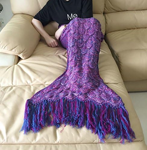 Janeka 2016 Latest Handmade Mermaid Tail Blanket with Scales,Handcraft Crochet Sleeping Bag Blanket Turquoise Purple Large (7-9 Youth)