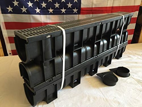 Trench Drain Black Polymer &amp; Heel Friendly, Silver Grate - 3 x 3.33 Ft (10ft) Pack with 1 End Cap &amp; Adaptor