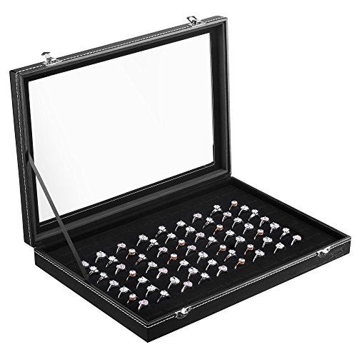 Beautify 100 Ring Box Organizer - Jewelry Display Storage Holder Tray Case - Black with Clear Viewing Lid