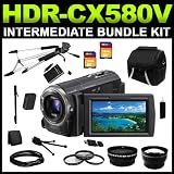 Sony HDRCX580V High Definition Handycam 20.4 MP Camcorder with 12x Optical Zoom and 32 GB Embedded Memory Intermediate Bundle Package includes Charger, Battery,32GB SD Memory, Carrying Case, Full Size Tripod, Monopod, HDMI Cable, Card Reader, (2) Lenses, Filters and Cleaning Kit