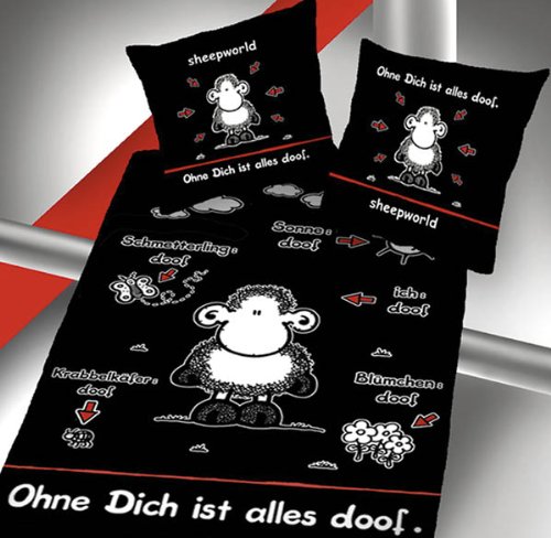 SHEEPWORLD: OHNE DICH IST ALLES DOOF - Bettwäsche mit Wendekissen, schwarz, 100% Mikrofaser (80x80xm/135x200cm)
