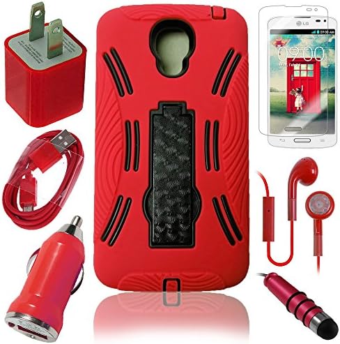 Celkits 7 Item Bundle for LG Volt S740 Red Shock Proof Rugged Kickstand Case, USB Car Charger Plug, USB Home Charger Plug, USB 2.0 Data Cable, Metallic Stylus Pen, Stereo Headset & Screen Protector (7 Items) Retail Value: $89.95