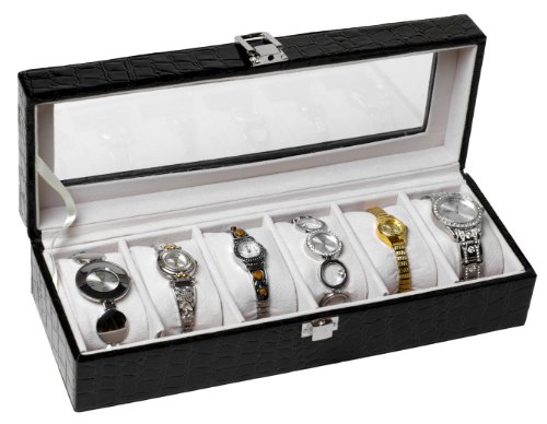 Luxury Gifts Inc Leather Watch Box for 6 Watches Black Finish XL Extra Large Compartments Soft Cushions and Window and Lock