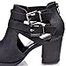 Round Toe Dual Buckle Side Cut Out Block Stacked Heel Ankle Bootie