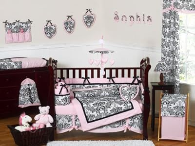 Pink and Black Damask Sophia Girl 9pc Girl Bedding crib set by Jojo Designs