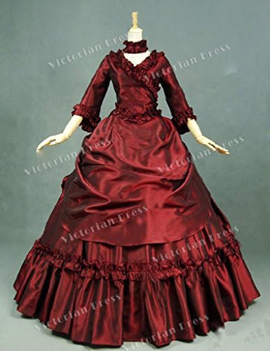 Classy French Victorian Bustle Satin Gown Period Dress Quarter Sleeve Red M