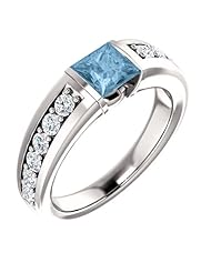 18K White Gold 5.00x5.00mm Princess Cut Sky Blue Topaz and Diamond Ring -- LIFETIME WARRANTY