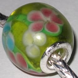 Murano Style Large Oval Glass 925 Bead Fits Pandora Lime Green with Pink, Yellow, & Lt Blue Flowers, 17mm (2)