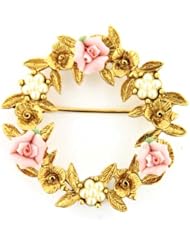 Porcelain Rose Floral Wreath Brooch Gold Plated