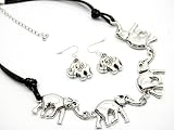 Large Many Elephants Charm Necklace on Black Cord with Matchin Earrings Silver Tone