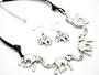 Large Many Elephants Charm Necklace on Black Cord with Matching Earrings Antique Silver Tone
