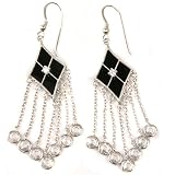 Sterling Silver Black Onyx White CZ Crystal Diamond Shape Earring