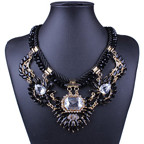 18K Gold Resin Bead Leather Rope Flower Statement Rhinestone Bib Choker Necklace