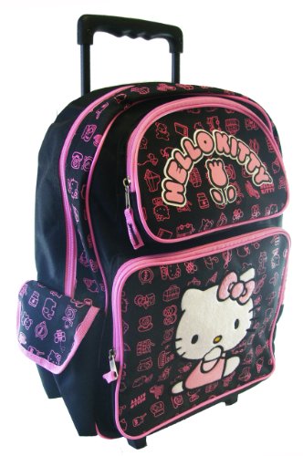 Black Hello Kitty Rolling Backpack – Full size Kitty w/Tulip Wheeled Backpack