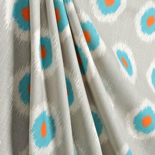 Dove Grey, Orange, Turquoise and Natural Ikat Polka Dot Drape, One Rod Pocket Curtain Panel 84 inches long x 50 inches wide
