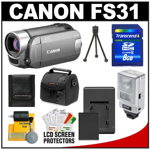 Canon FS31 Dual Flash Memory Digital Video Camcorder w/ 41x Advanced Zoom and 2.7-inch Widescreen LCD with 8GB Card + Spare Battery & Charger + Video Light + Accessory Kit