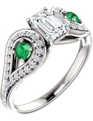 14K White Gold Emerald Cut Diamond and Emerald Ring -- LIFETIME WARRANTY