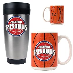 Detroit Pistons Stainless Steel Travel Tumbler & Gameball Ceramic Mug Set - Primary Logo NBA Basketball