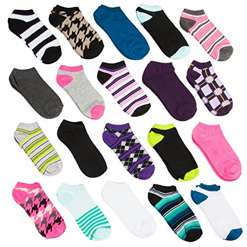 20 Pairs Ladies Athletic No-Show Low Cut Socks Assorted Colors Prints Sizes 5-10