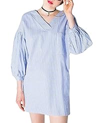 V-neck Striped Print Fall 3/4 Sleeves Puff Sleeves  Dress