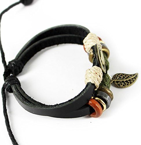 Nice Buckeye Antiqued Style Mysterious Engraved Alphabet Leaf Pendant Adjustable Length Leather Bracelet
