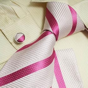 Buy H5021 NEW Designespink white striped 100% Jacquard Woven Silk Tie Hanky Mens Necktie and Cuff Links... by Y&G