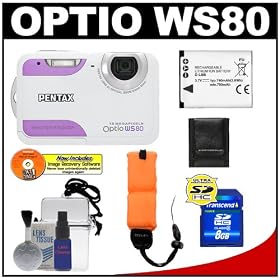 Pentax Optio WS80 Waterproof Digital Camera (White/Purple) + 8GB Card + Spare D-LI88 Battery + Floating Strap + Waterproof Case w/ Cleaning Kit