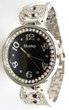 HENLEY LADIES ROUND BLACK DIAL SELF ADJUSTABLE BRACELET WATCH WITH SHINY CRYSTALS AROUND DIAL AND ON BRACELET