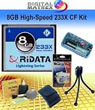 Ridata 8GB 233X CF Card Starter Kit. Kit Includes Ridatas 8GB High-Speed 233X CF card, Tabletop bendable Wire Tripod, Multi-Card USB Reader/Writer, LCD Protection Film Kit, Lens cleaning Kit and Memory Card wallet.