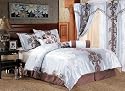 7 Pieces Light Blue with Brown and Off White Jacquard Floral Comforter Set Bed-in-a-bag Queen Size Bedding
