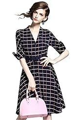 V-neck Elbow Length Sleeves Plaid Print Polyester/Spandex Tunic/Midi Dress 