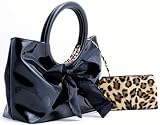 Lux De Ville Gigi Tote Bag Black Patent Vinyl Faux Leopard Handbag Retro Rockabilly Punk Rock Goth Purse