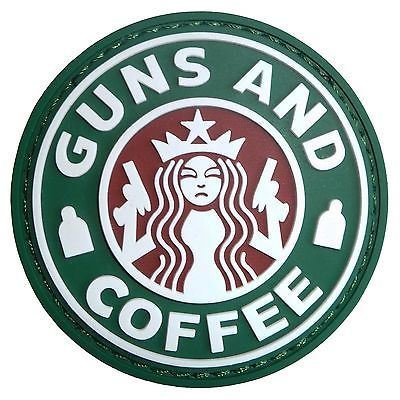 AIRSOFT GUNS AND COFFEE STARBUCKS RUBBER 3D MORALE PATCH VELCRO BADGE RED PVC @ HELMET WORLD