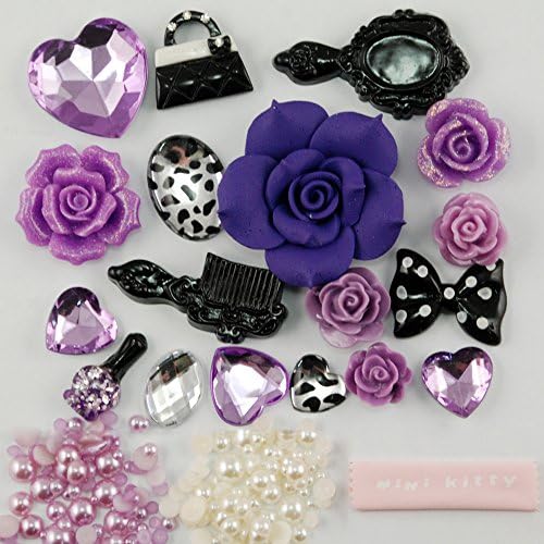 Mini kitty- DIY deep Purple flowers series dimensions Mirror Mirror black bag love pearls Kawaii Cabochon Deco Kit / Set ,cellphone diy Valentine's Day Lovers Easter best unique creative cool gift for iphone 4 4S ,iphone 5 5c 5G,iphone 6 iphone 6 plus for samsung note 4 samsung s5 mini s5 i9600 for samsung galaxy s3 i9300 ,samsung galaxy s4 i9500 note4 for nokia for motorola for htc for sony ,etc (Phone shell is not included, only DIY material contained)+ free microfiber cloth
