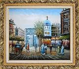 Paris Street Scene Oil Painting, with Ornate Antique Dark Gold Wood Frame 26 x 30 inches