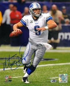 Matthew Stafford Autographed/Hand Signed Detroit Lions 8x10 Photo (white jersey scramble)- Stafford