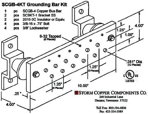 Wall Mounted Copper Ground Bus Bar Kit- Thickness .25" Width 4" Length 10" (holes diagonally positioned)- SPCGBZ1250410-0-KT1
