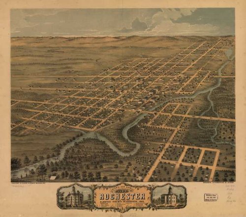 Bird's eye view of the city of Rochester, Olmsted County, Minnesota 1869. Merchants Lithographing Co., large historic panoramic map reprint 40x36