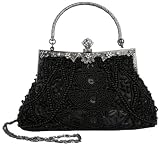 Exquisite Black Seed Bead Sequined Leaf Evening Handbag, Clasp Purse Clutch w/Hidden Handle