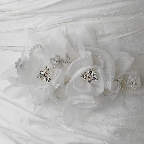 Beautiful Crystal Flower Accented Wedding Bridal Sash Belt - White