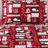 Cannon Flannel Sheets King Size Red Lodge Sheet Set with Reindeer Pinecones Snowflakes & Xmas Trees