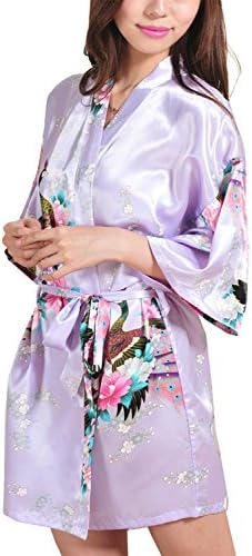 Macher Women's Kimono Style Satin Robe Bathrobes Knee Length (M, Purple)