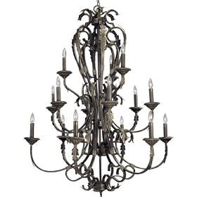 Progress Lighting P4313-46 15-Light Chandelier with Ornamental Leaf Details and Majestic Curving Lines, Weathered Bronze
