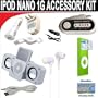 10 pc. Accessory kit for iPod Nano 1g. Includes White portable stereo speaker w/cable 3-in-1 iPod charging kit (1000mAH) Car FM Transmitter w/power cable White Mini soft Earbuds Reusable Pre-Cut Screen Protector and a DBROTH Microfiber Cleaning Cloth