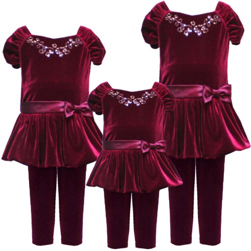 Rare Editions Baby 3M-9M 2-Piece BURGUNDY-RED VELVET CAVIAR BEADED BUBBLE SKIRT Special Occasion Holiday Party Dress-Legging/Pants Outfit Set