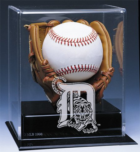 DETROIT TIGERS AUTOGRAPH BASEBALL DISPLAY CASE w/ GLOVE