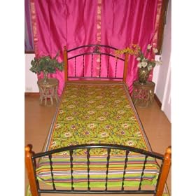 Green Floral Cotton Print India Bedspread Coverlet Twin