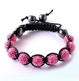 Pink Crystals Black Cord Onyx Macrame Beaded Shamballa Ball Unisex Bracelet